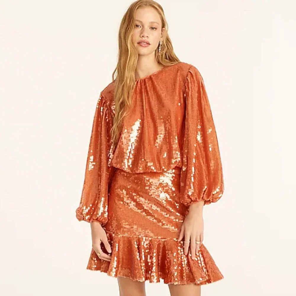 🍊 NEW J. Crew Orange Bubble-Sleeve Sequin Top 2X - Picture 2 of 10